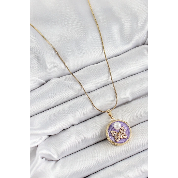 316L Çelik Zincir Zirkon Taşlı Mor Sanatsal Portre İnci Detaylı Kelebek Model Gold Renk Kadın Kolye