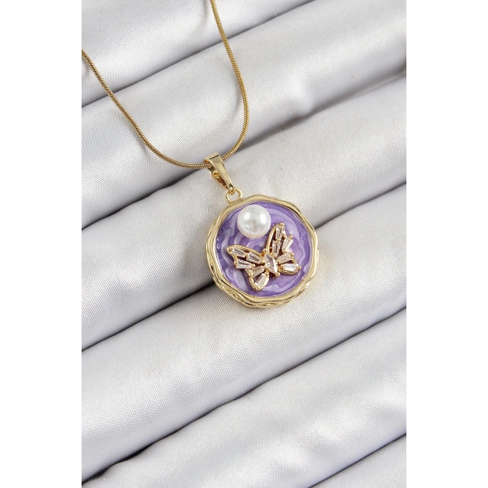 316L Çelik Zincir Zirkon Taşlı Mor Sanatsal Portre İnci Detaylı Kelebek Model Gold Renk Kadın Kolye