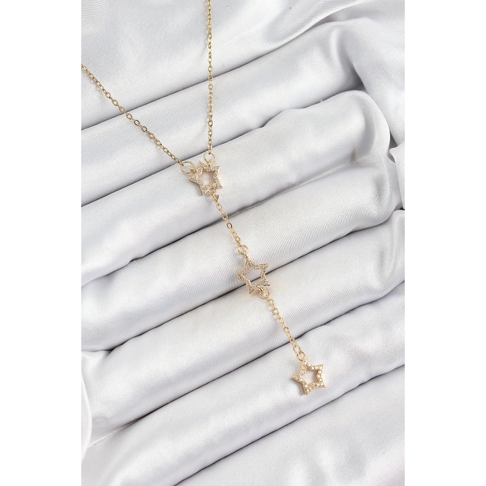 316L Çelik Zirkon Taşlı Yıldız Figürlü Y Model Gold Renk Kadın Kolye
