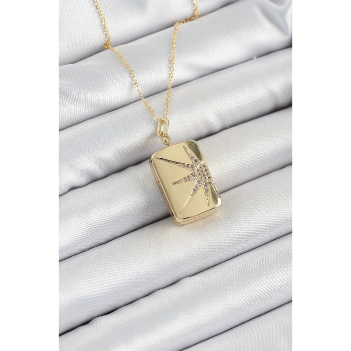 316L Çelk Açılabilir Dikdörtgen Model Zirkon Taşlı Gold Renk Kadın Zincir kolye