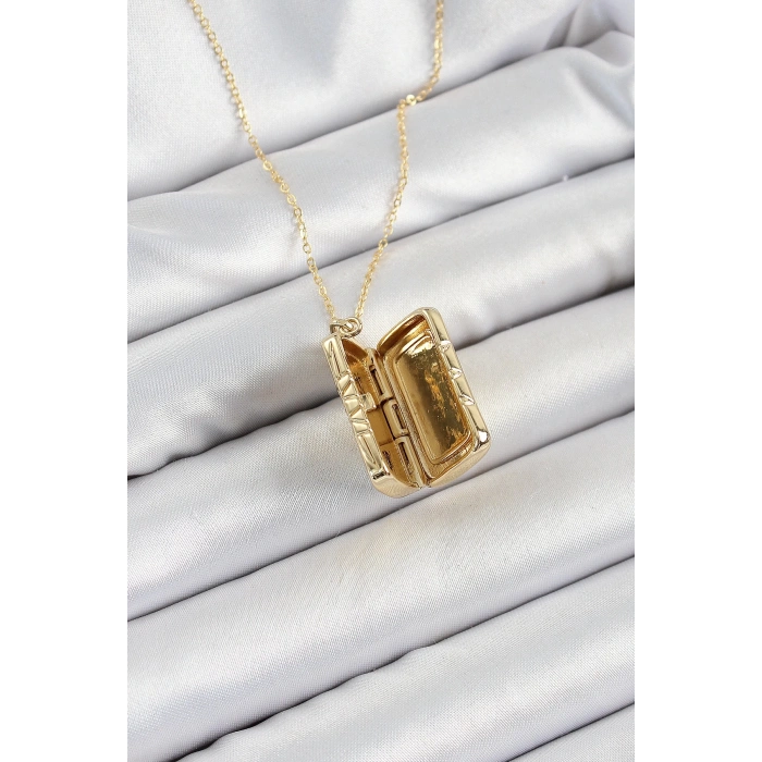 316L Çelk Açılabilir Dikdörtgen Model Zirkon Taşlı Gold Renk Kadın Zincir kolye