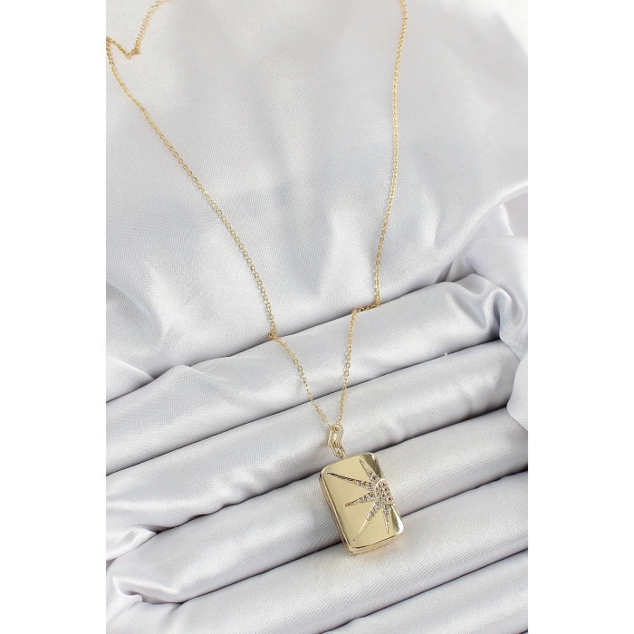 316L Çelk Açılabilir Dikdörtgen Model Zirkon Taşlı Gold Renk Kadın Zincir kolye
