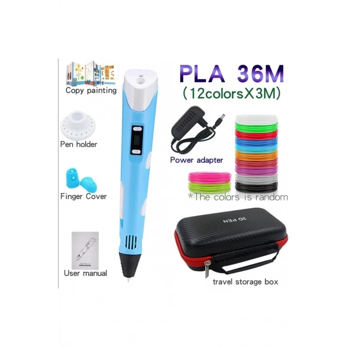 3d Pen Üç Boyutlu Yazıcı Kalem Printer (12 Adet 3 Metre Filament -36 Metre Led Ekranlı Adatörlü