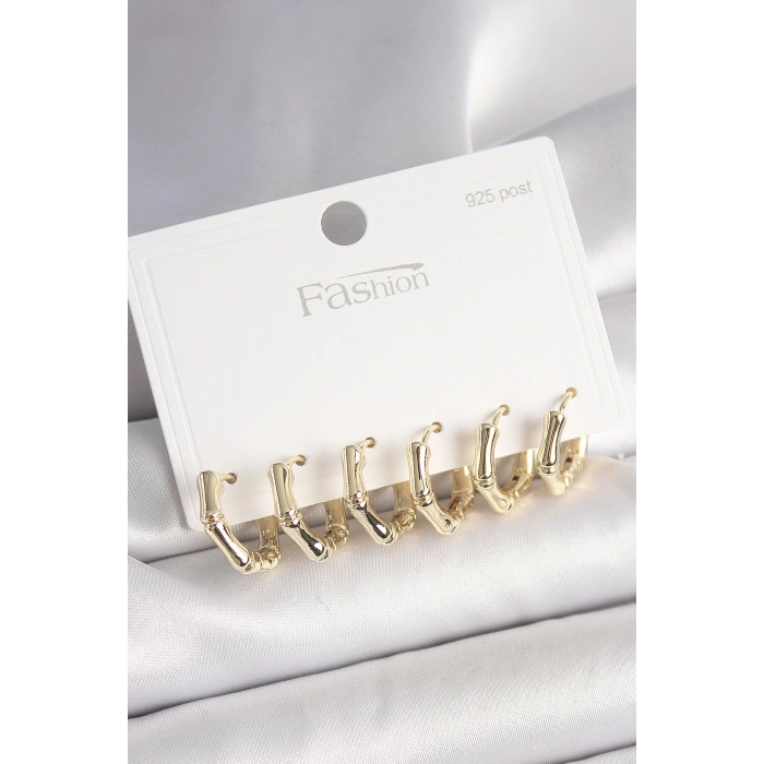 925 Ayar Gümüş Çivi Pirinç Gold Renk Bambu Halka Model Kadın Küpe Seti
