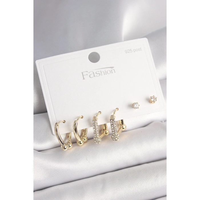 925 Ayar Gümüş Çivi Pirinç Gold Renk Tiffany Halka Model Kadın Küpe Seti