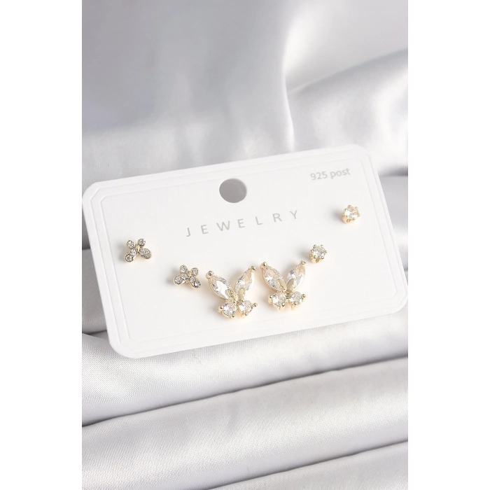 925 Ayar Gümüş Çivi Pirinç Gold Renk Zirkon Taşlı Kelebek Model Kadın Küpe Seti