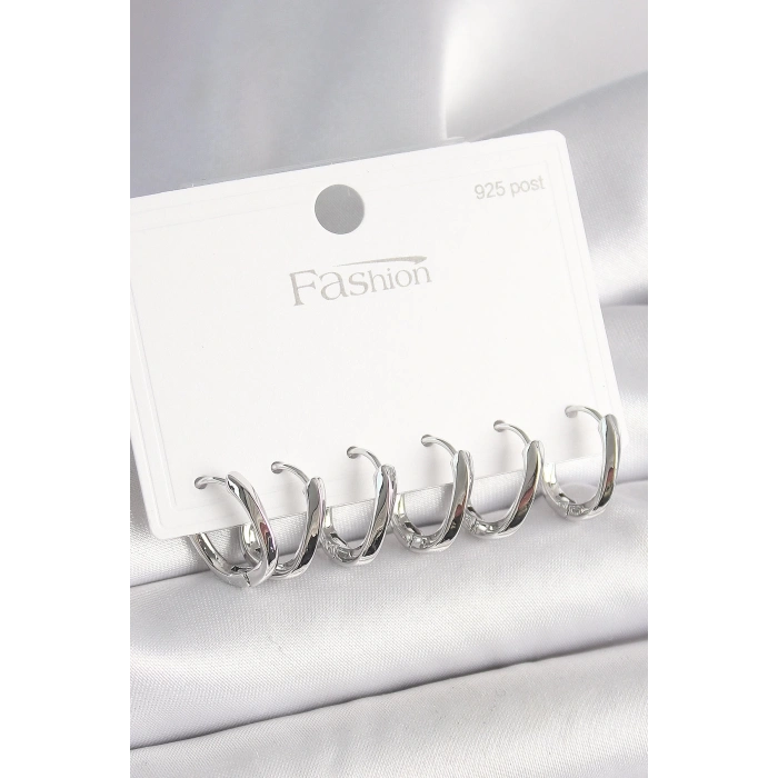 925 Ayar Gümüş Çivi Pirinç Oval Halka Model Kadın Küpe Seti