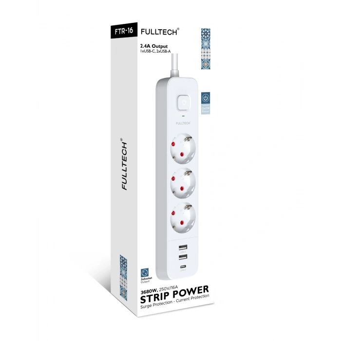 Akım Korumalı 3’lü Priz 2xusb 1xtype-c 3680w Girişli Uzatma Kablolu Priz Ftr16