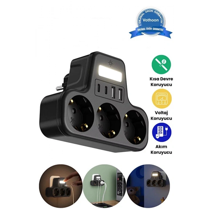 Akım Korumalı Priz Gece Lambalı 3’lü Priz 2xusb 2xtype-c Çıkışlı Grup Priz Çoğaltıcı
