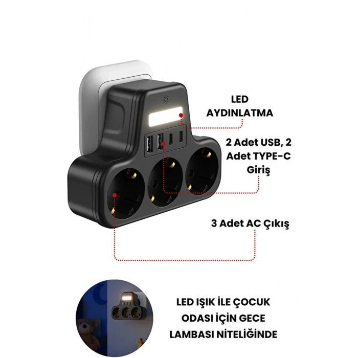 Akım Korumalı Priz Gece Lambalı 3’lü Priz 2xusb 2xtype-c Çıkışlı Grup Priz Çoğaltıcı