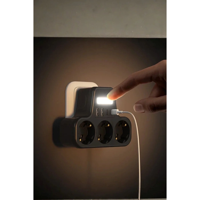 Akım Korumalı Priz Gece Lambalı 3’lü Priz 2xusb 2xtype-c Çıkışlı Grup Priz Çoğaltıcı
