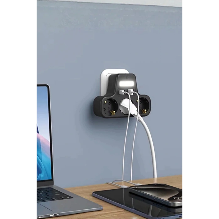 Akım Korumalı Priz Gece Lambalı 3’lü Priz 2xusb 2xtype-c Çıkışlı Grup Priz Çoğaltıcı