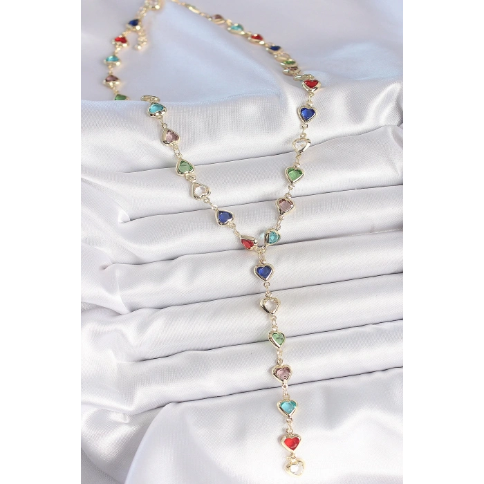 Gold Karışık Renk Kalp Figürlü Zirkon Taşlı Y Pirinç Kolye