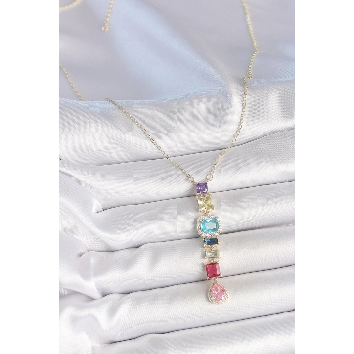 Gold Karışık Renk Zirkon Taşlı Y Pirinç Kolye