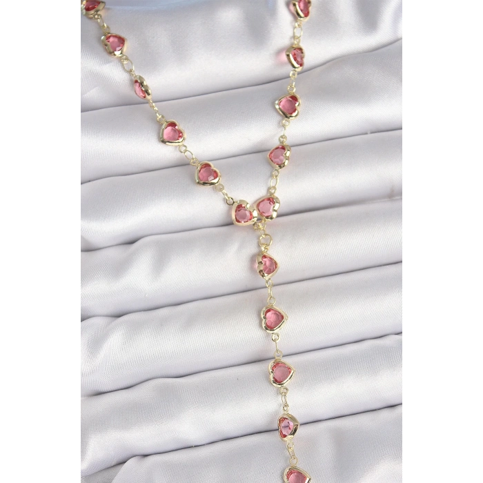 Gold Pembe Renk Kalp Figürlü Zirkon Taşlı Y Pirinç Kolye