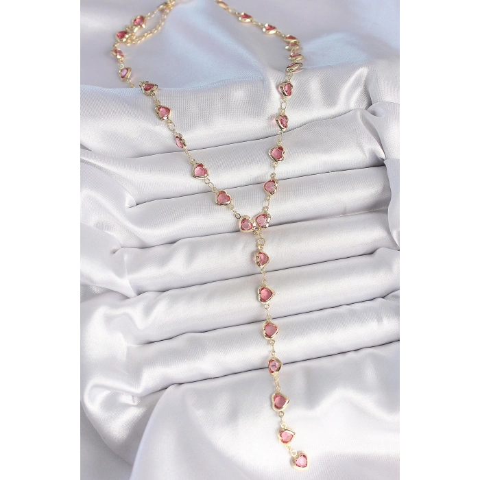 Gold Pembe Renk Kalp Figürlü Zirkon Taşlı Y Pirinç Kolye