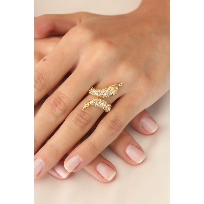 Gold Renk Ayarlanabilir Zirkon Taşlı Kadın Yılan Yüzük