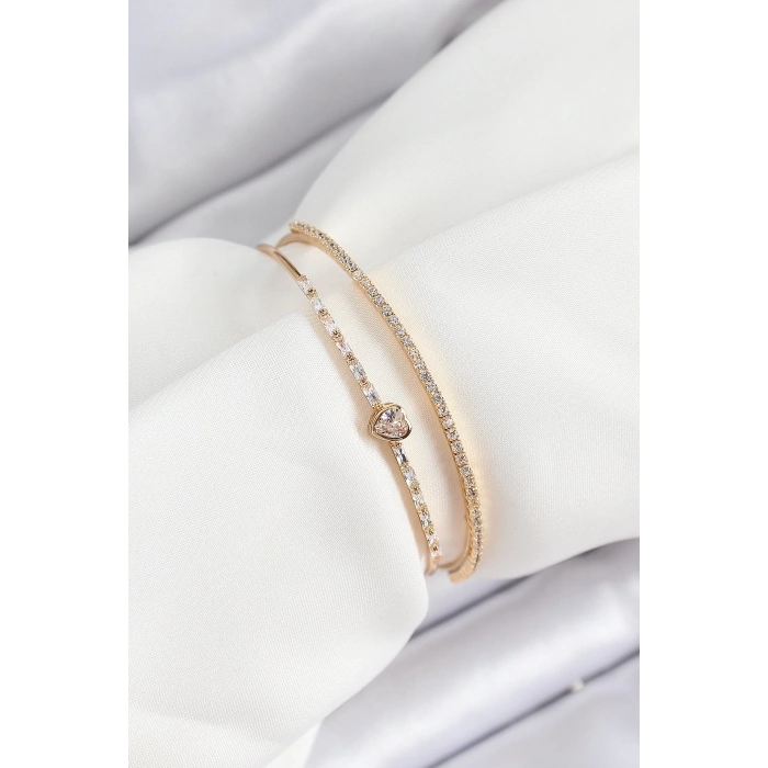 Gold Renk Pirinç Kalp Detaylı 2li Kadın Bileklik