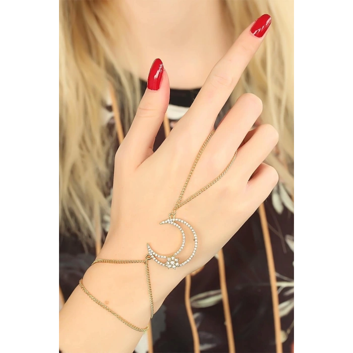 Gold Renk Zirkon Taşlı Ay Tasarım Şahmeran Bileklik