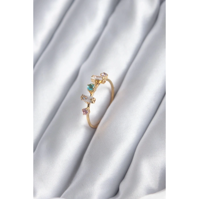 Gold Renk Zirkon Taşlı Renkli Zirkon Taşlı Kadın Yüzük