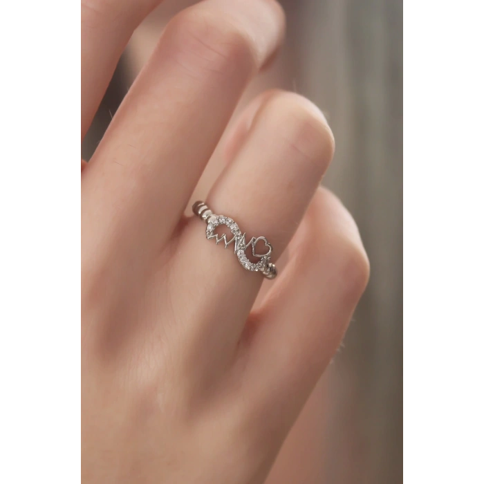 Gümüş Renk Sonsuzluk Kalp Ritmi Model Zirkon Taşlı Kadın Yüzük