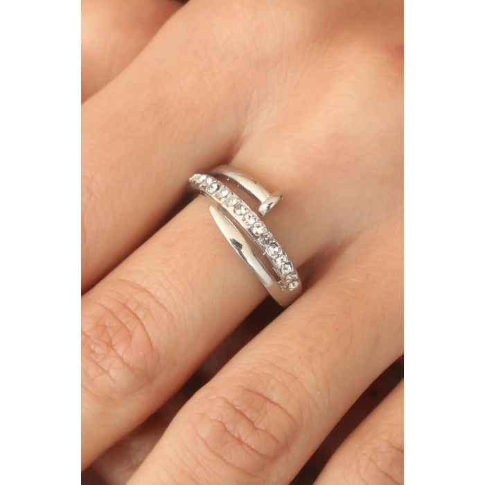 Gümüş Renk Taşlı Çivi Ayarlanabilir Kadın Yüzük