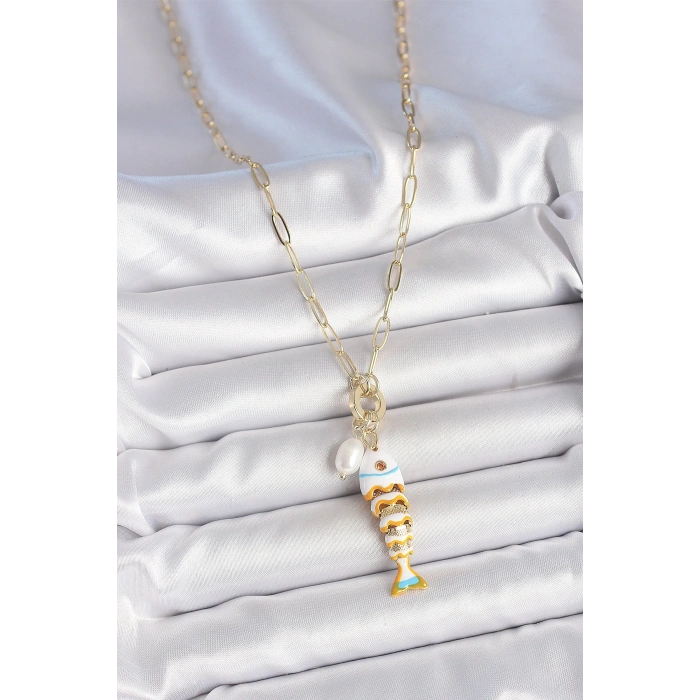 İnci Detaylı Zirkon Taşlı Beyaz Balık Figürlü Gold Renk Pirinç Kolye