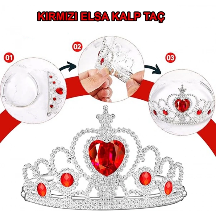 Kalp Taşlı Kırmızı Renk Karlar Ülkesi Elsa Anna Frozen Tacı