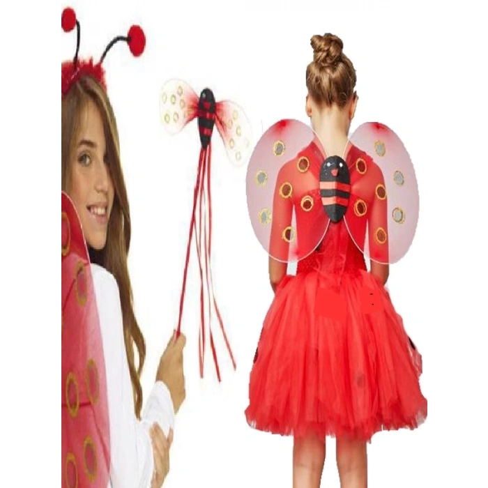 Kırmızı Renk Uğur Böceği Kanadı Eteği Tacı Ve Sopası 4 Lü Kostüm Seti