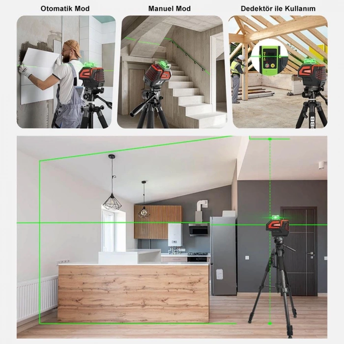 KOBB KBL32GTP Profesyonel Li-ion Yatay 360° ve Dikey Otomatik Hizalamalı Yeşil Nokta Şakül ve Çapraz Çizgi Lazer+Tripod