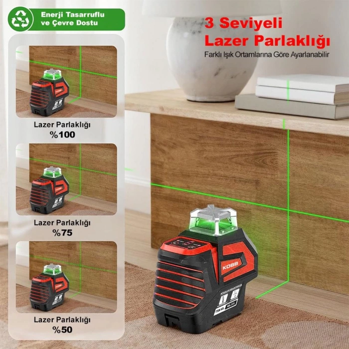 KOBB KBL32GTP Profesyonel Li-ion Yatay 360° ve Dikey Otomatik Hizalamalı Yeşil Nokta Şakül ve Çapraz Çizgi Lazer+Tripod