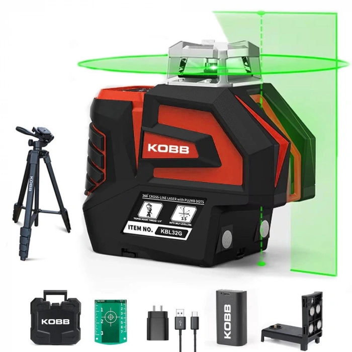 KOBB KBL32GTP Profesyonel Li-ion Yatay 360° ve Dikey Otomatik Hizalamalı Yeşil Nokta Şakül ve Çapraz Çizgi Lazer+Tripod