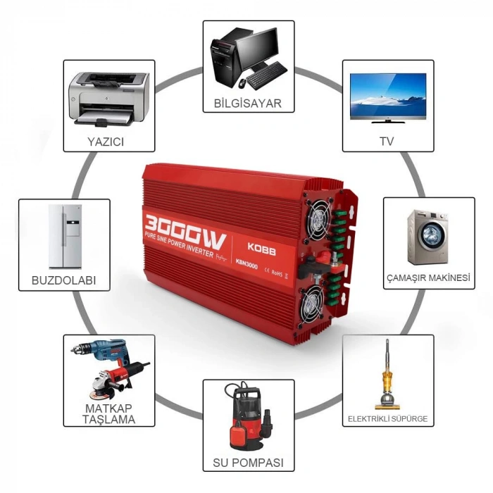 KOBB KBN3000 12V/220V 3000Watt Tam Sinüs Dönüştürücü İnvertör