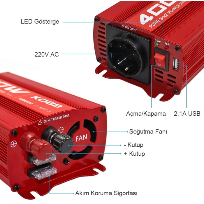 KOBB KBN400 12V/220V 400Watt Tam Sinüs Dönüştürücü İnvertör