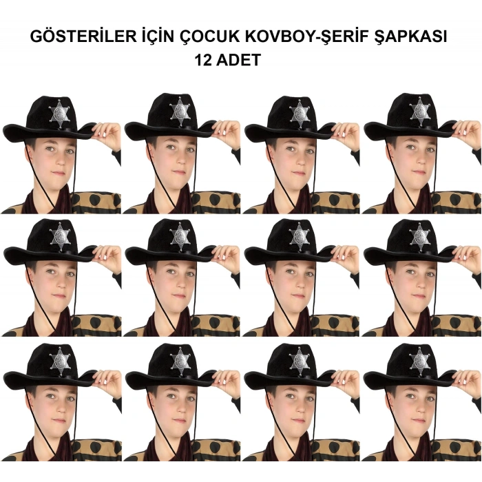 Kovboy Şerif Şapkası Siyah 12 Adet - Kostüm, Parti Ve Gösteri Şapkası