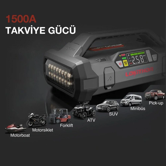 Lokithor APARTX1500 12V 1500Amp Li-Polimer Akıllı Akü Takviye + Pompa + Powerbank + Led Lamba