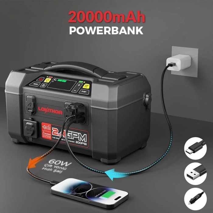 Lokithor AW401 12V 2500Amp Li-Polimer Akıllı Akü Takviye + Pompa + Basınçlı Yıkama + Powerbank + Led Lamba