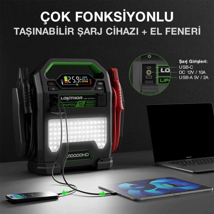 Lokithor J10000HD 12V/24V 10.000Amp LiFePO4 Akıllı Akü Takviye + Powerbank + Led Lamba