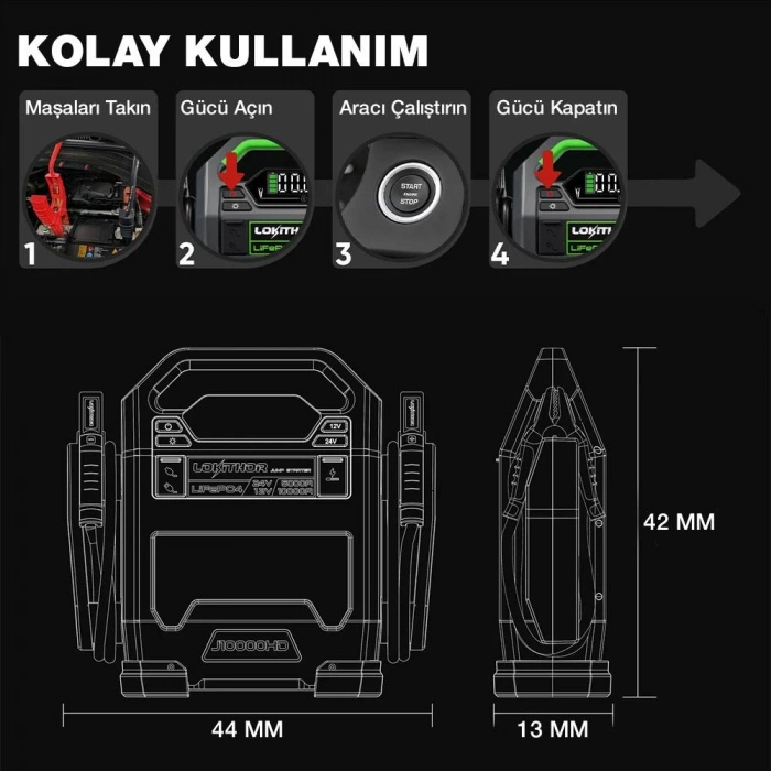 Lokithor J10000HD 12V/24V 10.000Amp LiFePO4 Akıllı Akü Takviye + Powerbank + Led Lamba