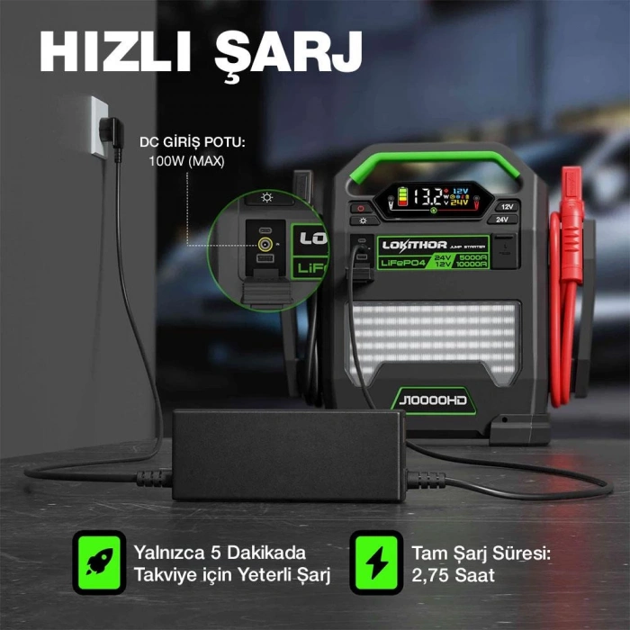Lokithor J10000HD 12V/24V 10.000Amp LiFePO4 Akıllı Akü Takviye + Powerbank + Led Lamba