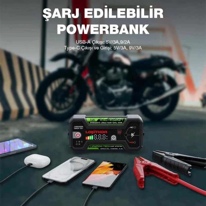 Lokithor J1350PRO 12V 1350Amp LiFePO4 Akıllı Akü Takviye + Powerbank + Led Lamba