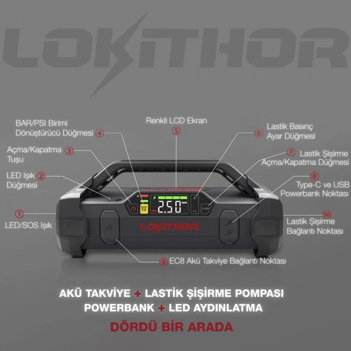 LOKITHOR JA301 12V 2000Amp Li-Polimer Akıllı Akü Takviye + Pompa + Powerbank + Led Lamba