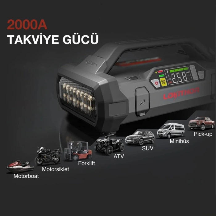 LOKITHOR JA301 12V 2000Amp Li-Polimer Akıllı Akü Takviye + Pompa + Powerbank + Led Lamba