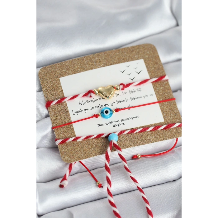 Marteniçka Bileklik 3lü Kalp ve Mavi Boncuk Model