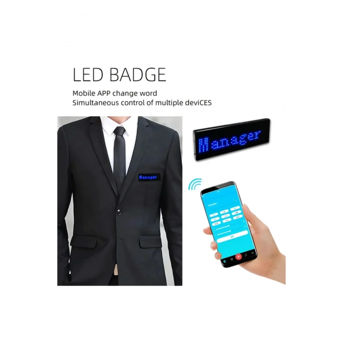 Matrix Kayan Led Yaka Rozeti Mobil Kontrollü Dijital Etiket 9×3cm