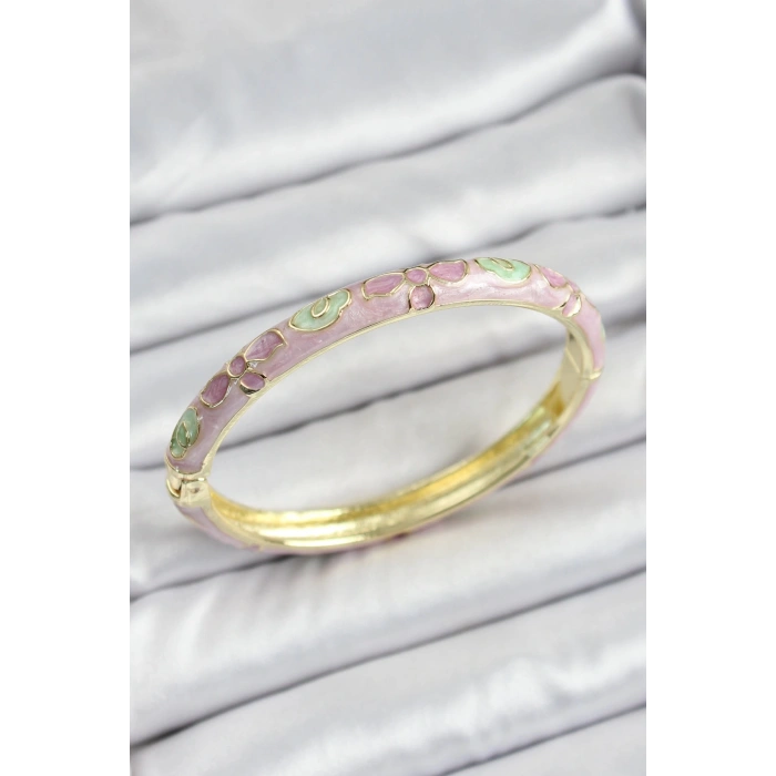 Mineli Gold Renk Pirinç Pembe Çiçek Desenli Kadın Kelepçe