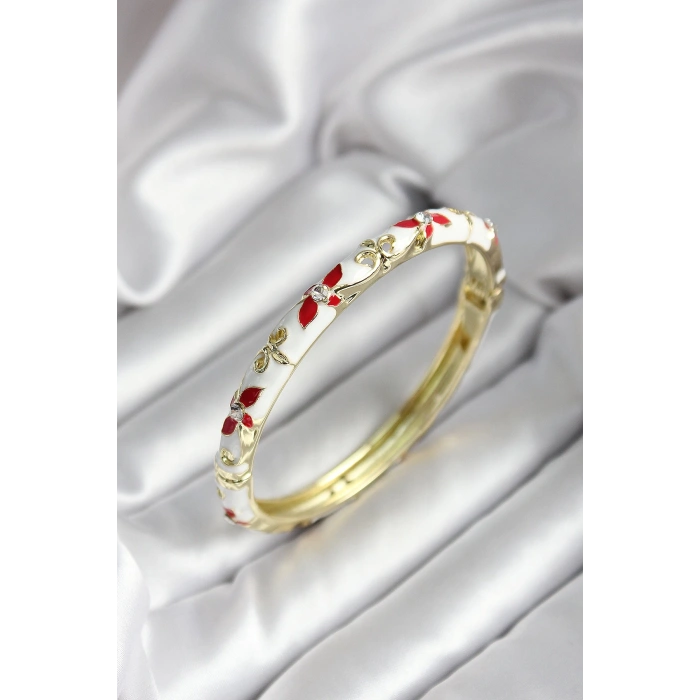 Mineli Pirinç Beyaz Çiçek Desenli Gold Renk Kadın Kelepçe