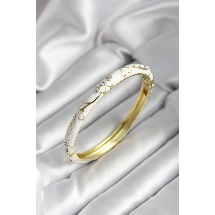 Mineli Pirinç Beyaz Çiçek Desenli Zirkon Taşlı Gold Renk Kadın Kelepçe
