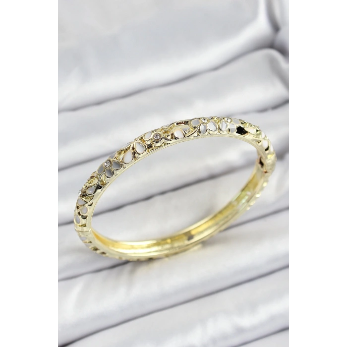 Mineli Pirinç Beyaz Çiçek Motif Kadın Kelepçe