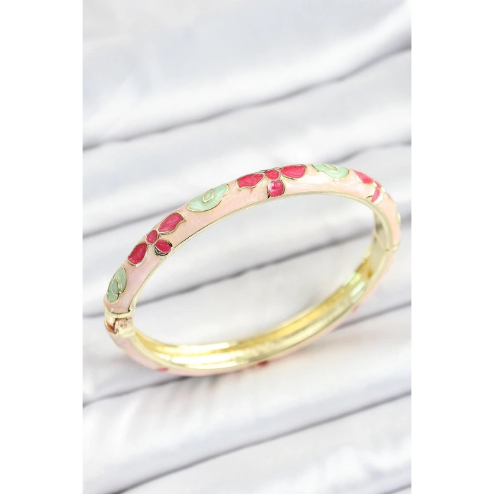 Mineli Pirinç Beyaz Pembe Yeşil Çiçek Desenli Gold Renk Kadın Kelepçe